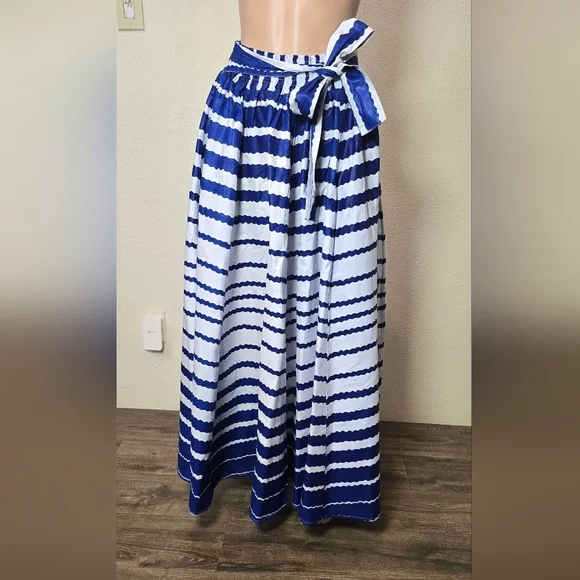 NF Striped 100% Cotton Box Pleated Maxi Skirt Blue/ White One Size Whit Pockets - Picture 10 of 16